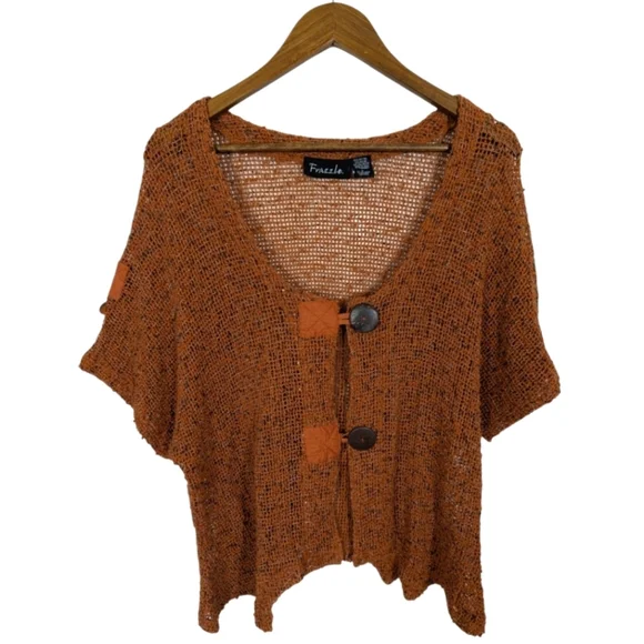 VINTAGE Frazzle Burnt Orange Open Knit Art To Wear Short SleeveCardigan Sweater - Picture 1 of 7